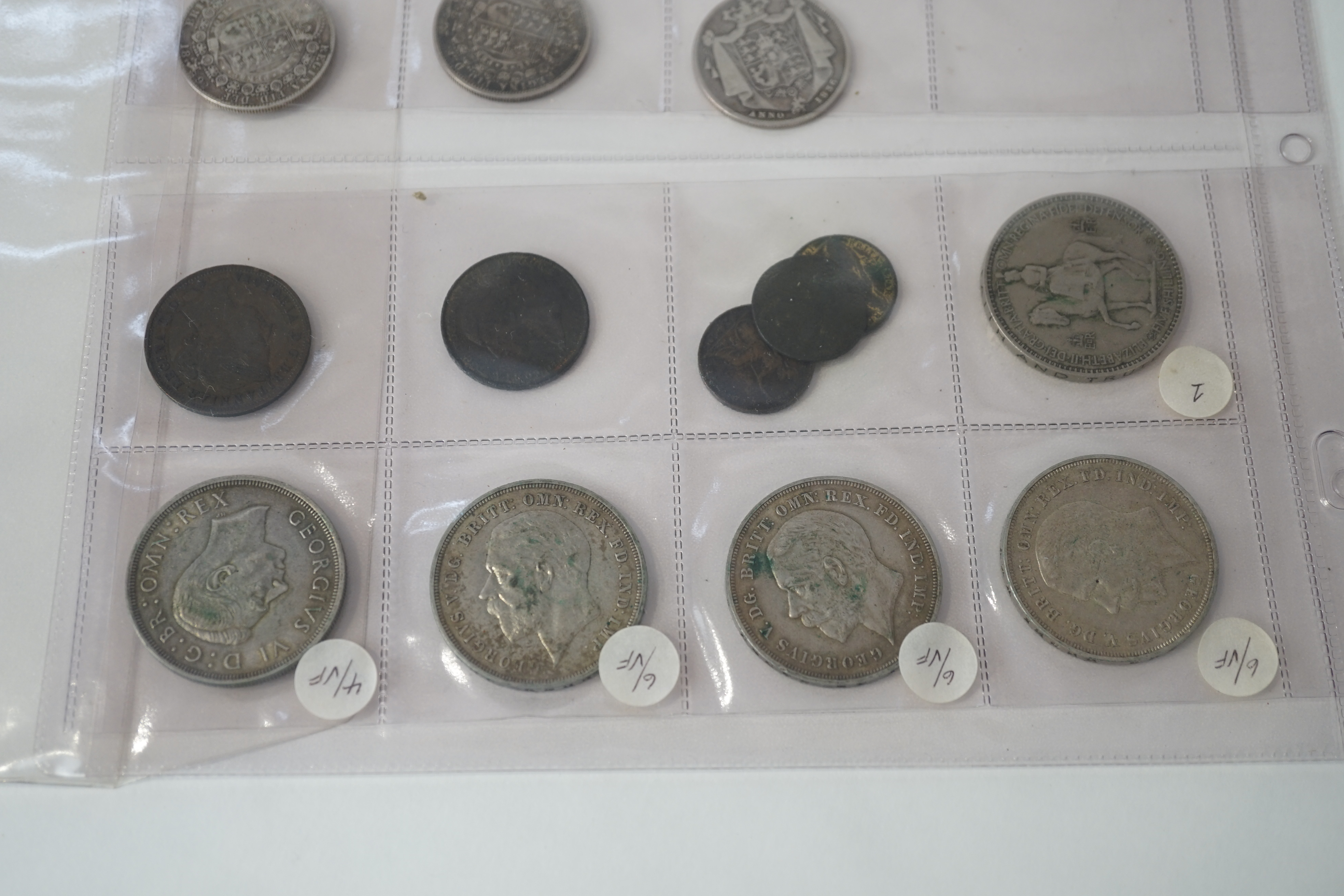 British silver coins, William IV to George VI, comprising five Victoria crowns, 1845, 1889, 1891, 1896 and 1900, a double florin, 1887 (brooch pin demounted), three George V crowns, 1935, George VI crown 1937, three half